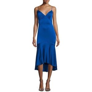 100 THEIA Plunge Necklune Midi Dress Size 2 Color Blue
